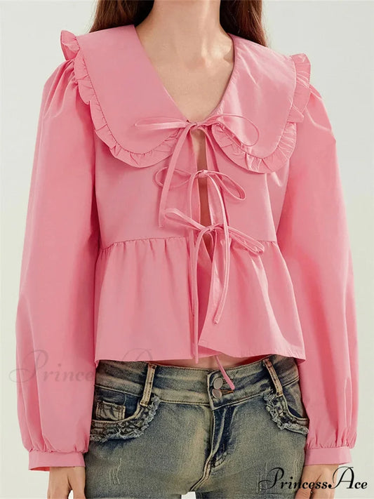 Frilled Declining Neck Fastened Blouse pink / S blouse-250223