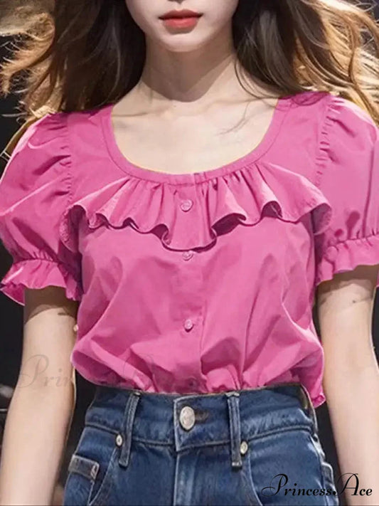 Frilled Monochrome Puff Sleeve Informal Tunic Blouse blouse-250126