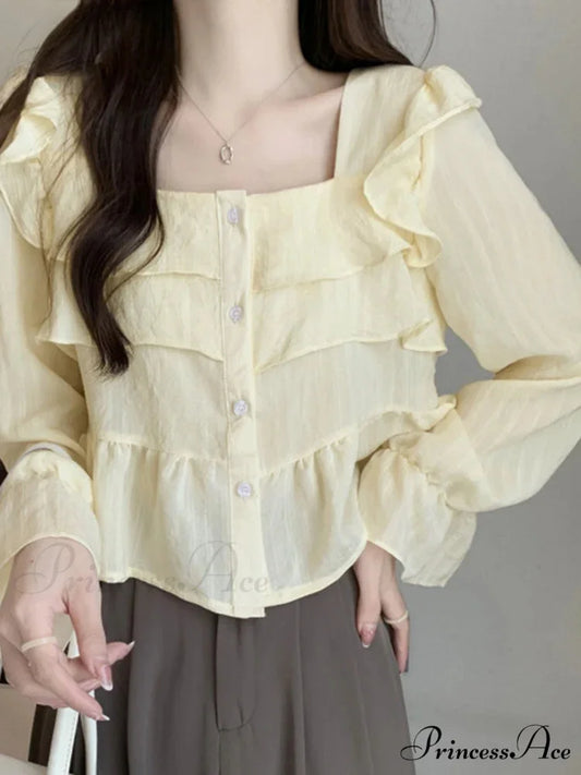 Frilled Quadrilateral Neck Flare Sleeve Top Beige / S blouse-250126