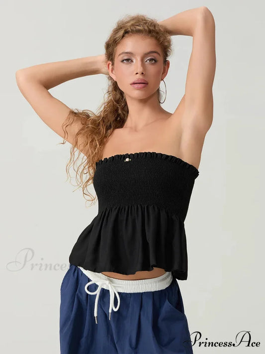Frilled Strapless Shirred Flowing Hem Bodydoll Tube Top Black / S croptop-250126