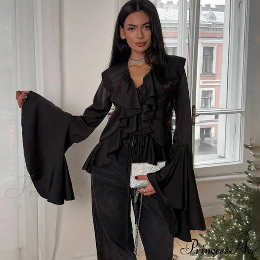 Frilled Tied-Up V-neck Informal Long Sleeve Blouse Black / S blouse-250126