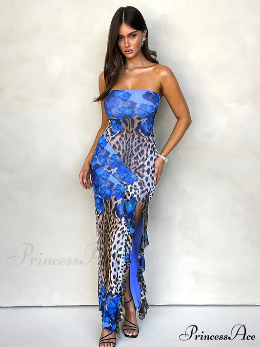 Frills Cheetah Slender Bodycon Holiday Dress Blue / S vacationdress-250223