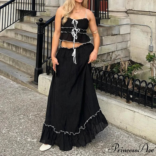 Frills Fasten-Up Front Camisole Crop Top Maxi Skirt Two Pieces Set Black / S twopiecesset-250126
