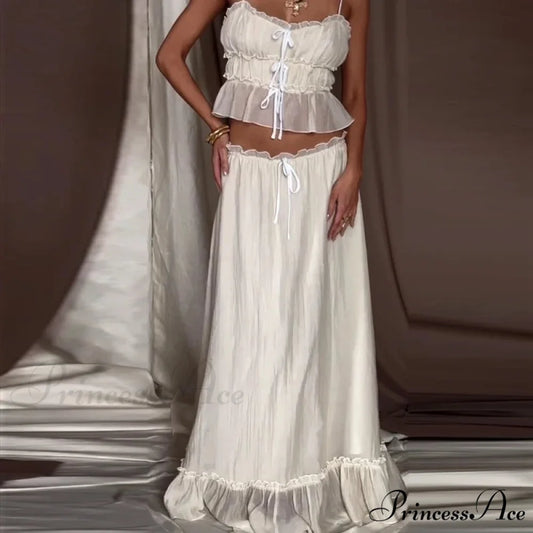Frills Fasten-Up Front Camisole Crop Top Maxi Skirt Two Pieces Set twopiecesset-250126