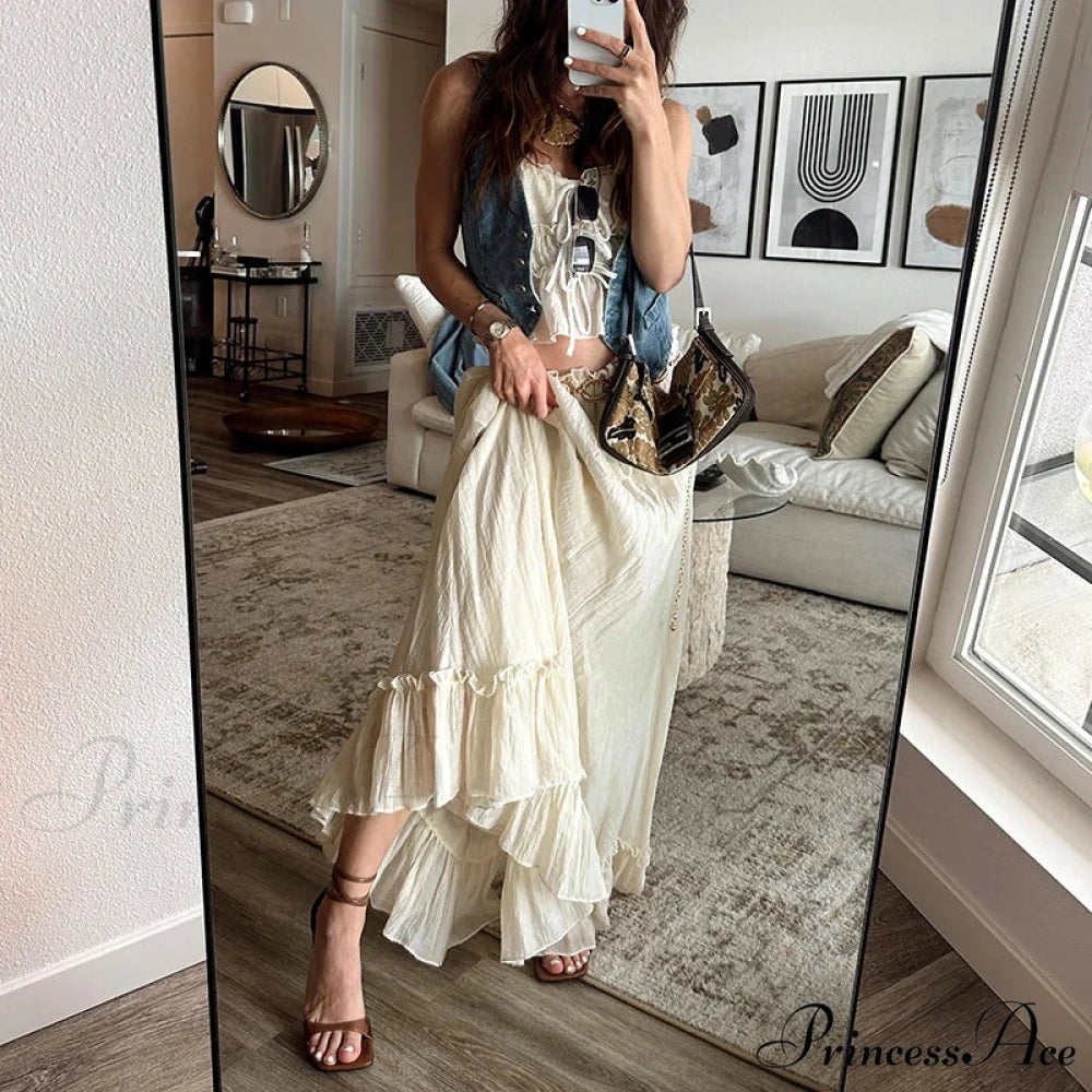 Frills Fasten-Up Front Camisole Crop Top Maxi Skirt Two Pieces Set twopiecesset-250126