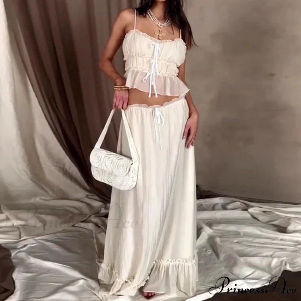 Frills Fasten-Up Front Camisole Crop Top Maxi Skirt Two Pieces Set WHITE / S twopiecesset-250126