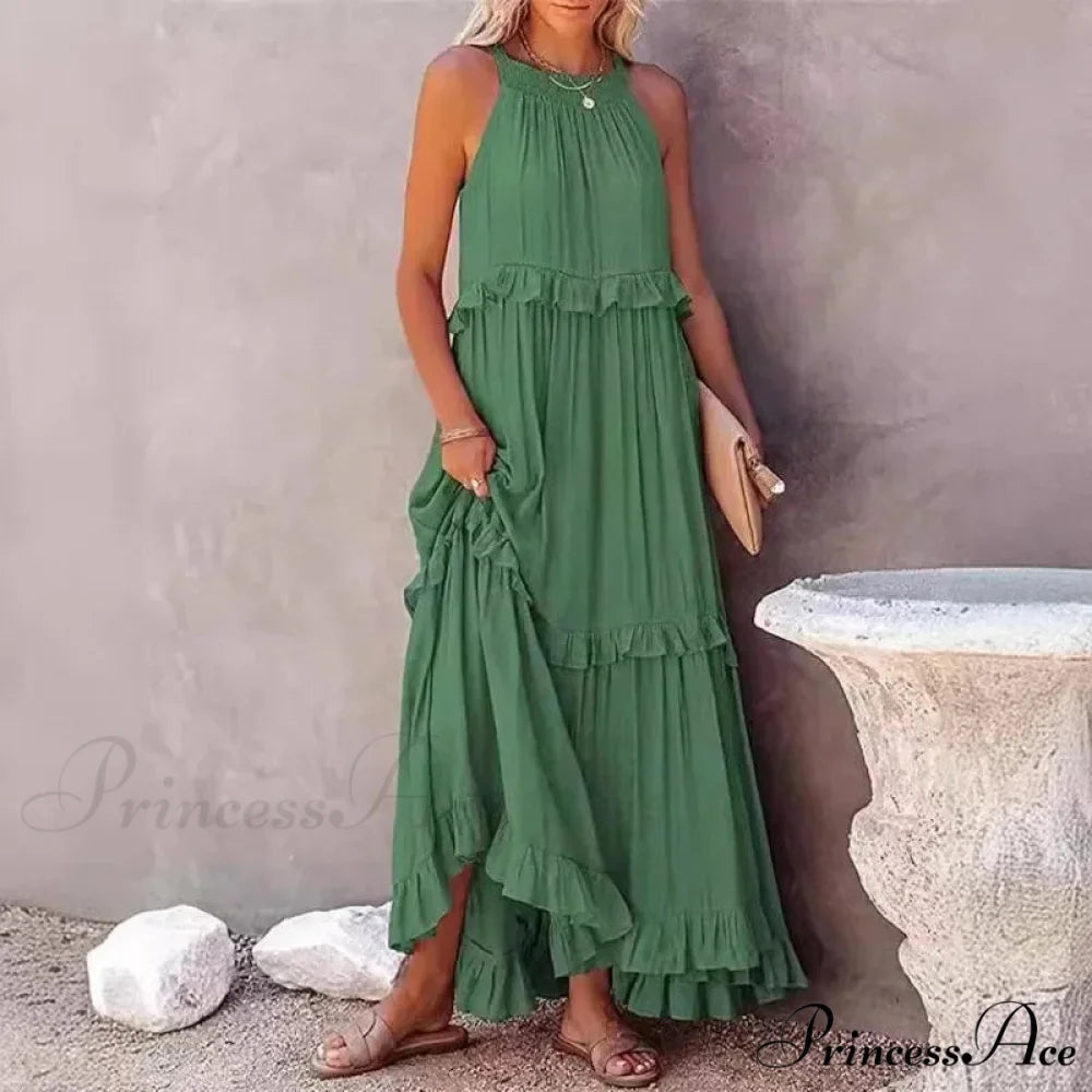 Frills Seductive Divided Halter Sleeveless Generous Hem Maxi Boho Dress bohodress-250126