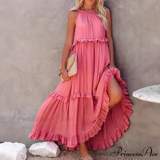 Frills Seductive Divided Halter Sleeveless Generous Hem Maxi Boho Dress bohodress-250126