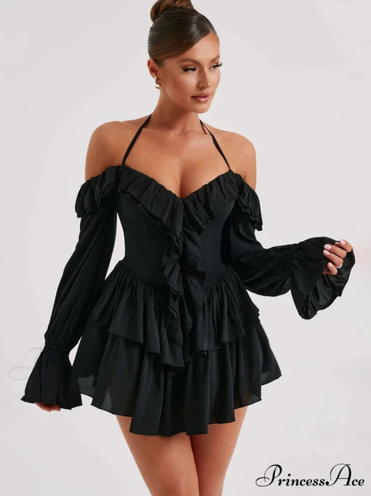 Frilly Flounce Sleeve Short Dress Black / XS minidress-250223