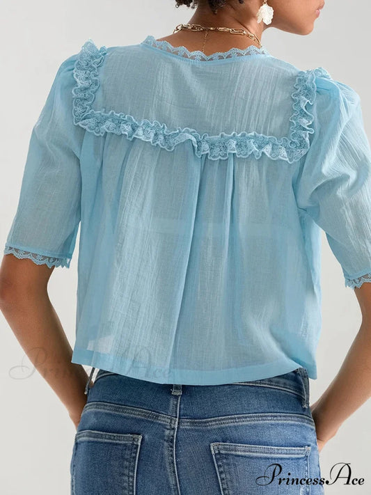 Frilly Frill Plunge Button Informal Baggy Crop Shirt croptop-250126