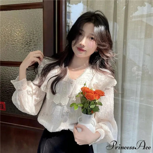 Frilly Fringe Long Sleeve Top Charming Top Beige / S blouse-250126