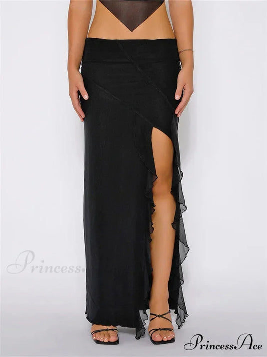 Frilly Mesh Flowery Low Waist High Split Bohemian Skirt Black / S skirt-250126