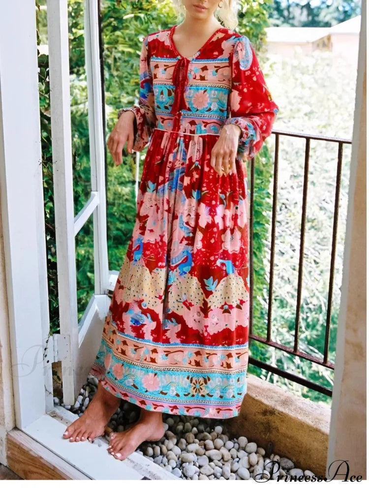 Fringe Crimson Flower Pattern Rayon Cotton Pleated Extended Maxi Boho Sundress Green / S bohodress-250126