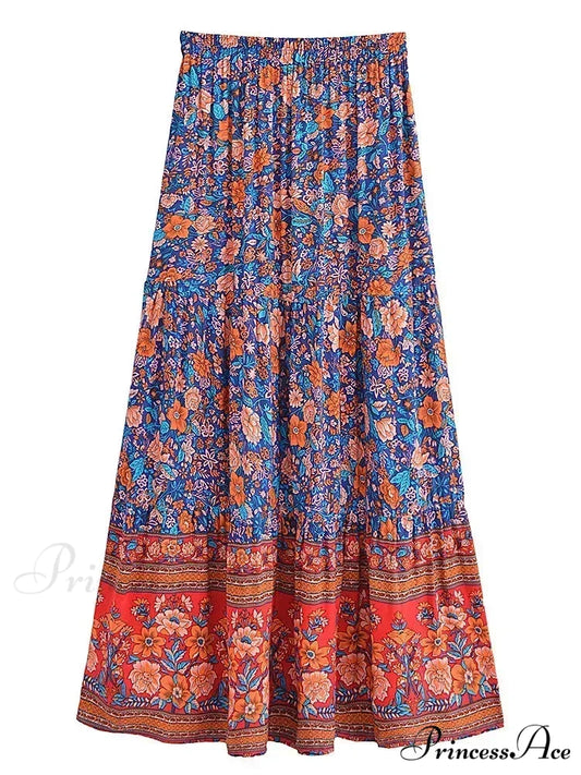 Fringe Flower Pattern Seaside Bohemian Pleated Maxi Skirt Woman skirt-250126