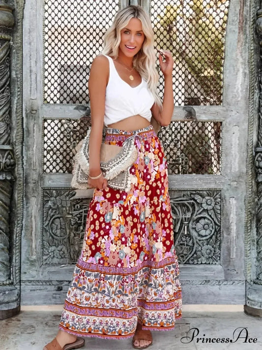 Fringe Stretch Waist Flower Patterned Seaside Bohemian Pleated Maxi Skirt Black / S skirt-250126