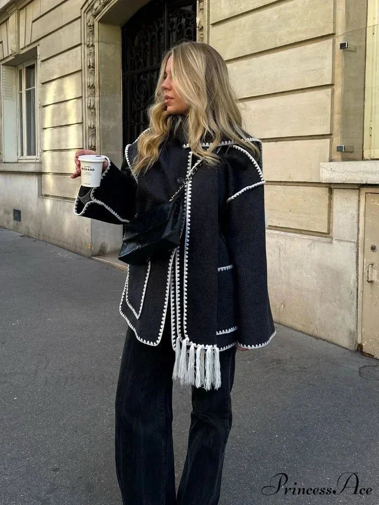 Fringes Scarf Neck Woolen Mix Coat coats-241228