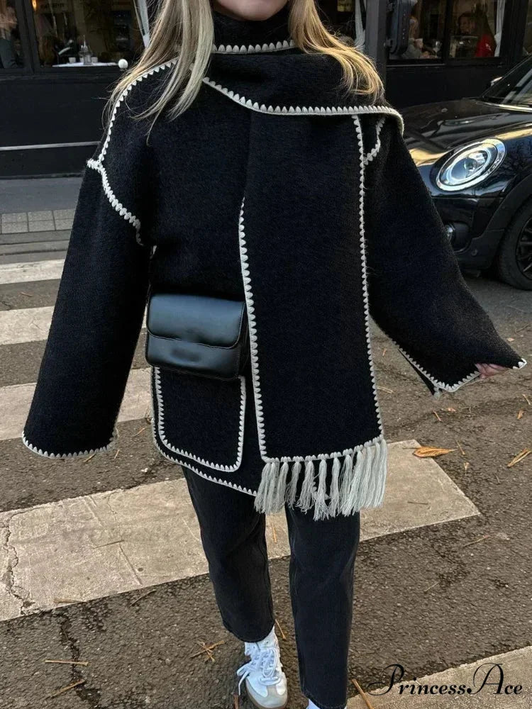 Fringes Scarf Neck Woolen Mix Coat coats-241228