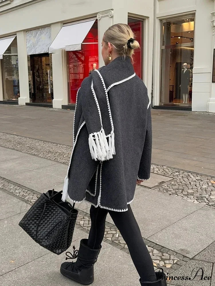 Fringes Scarf Neck Woolen Mix Coat coats-241228