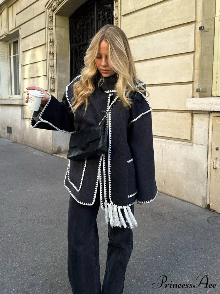Fringes Scarf Neck Woolen Mix Coat coats-241228