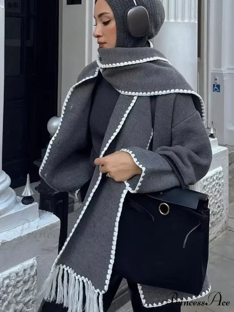 Fringes Scarf Neck Woolen Mix Coat Light gray / S coats-241228