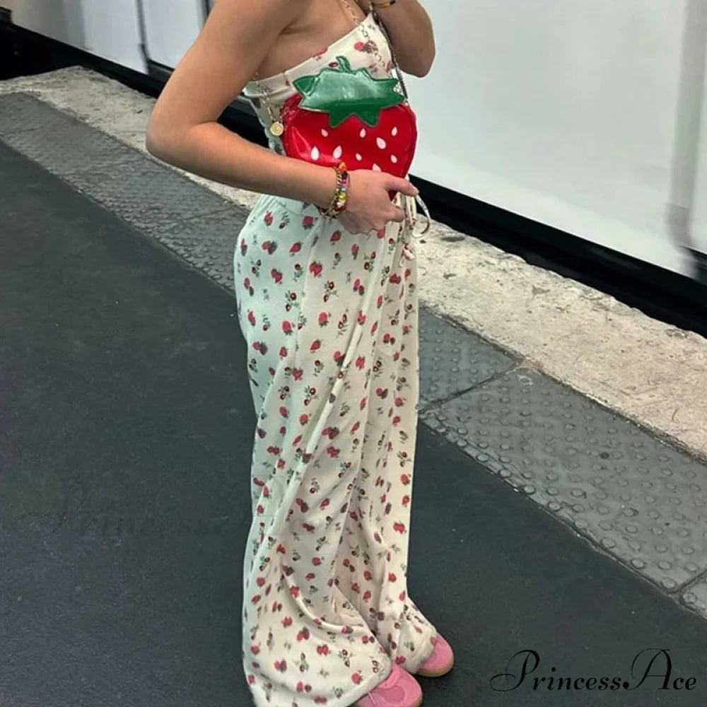 Fruit Pattern Strapless Tube Top Open Back Crop Top Pants Two Pieces Set twopiecesset-250126
