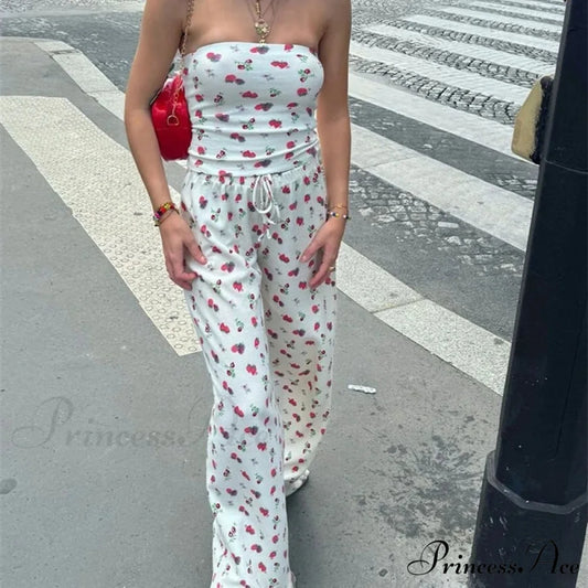 Fruit Pattern Strapless Tube Top Open Back Crop Top Pants Two Pieces Set WHITE / S twopiecesset-250126