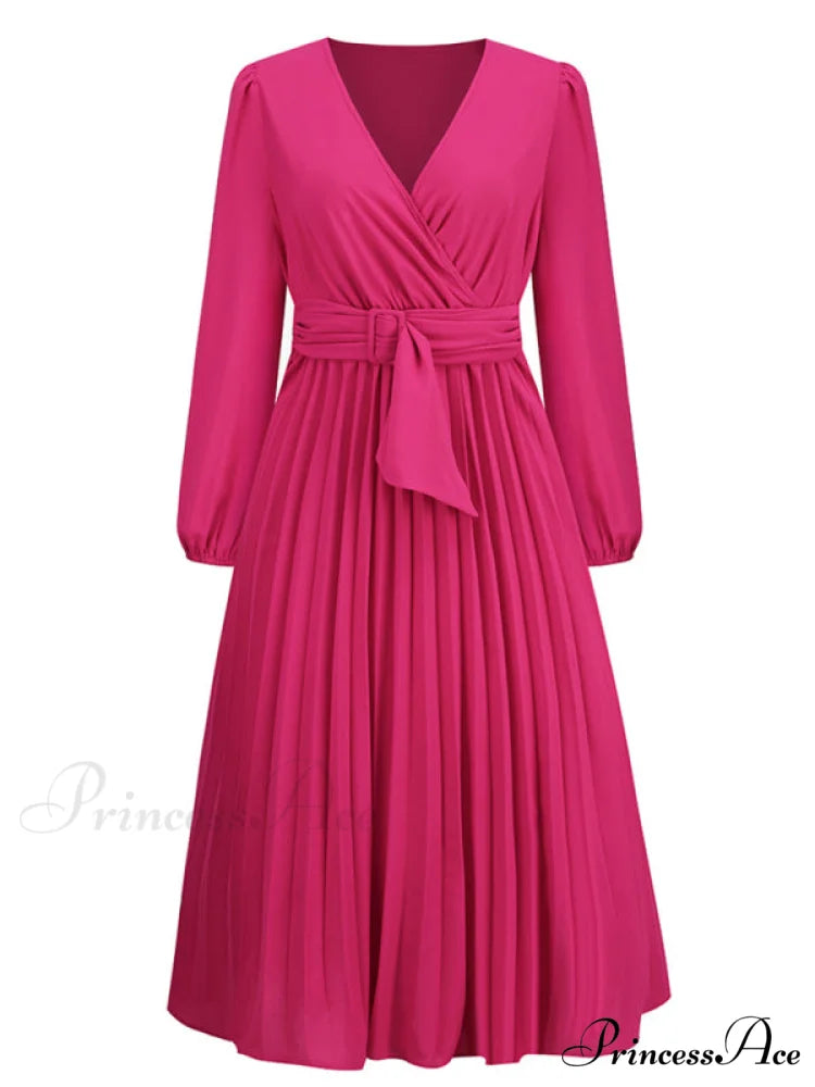 Full-Length Folded Belt Neck Long Waist Women’s at Gown and V with Faux-wrap Sleeves