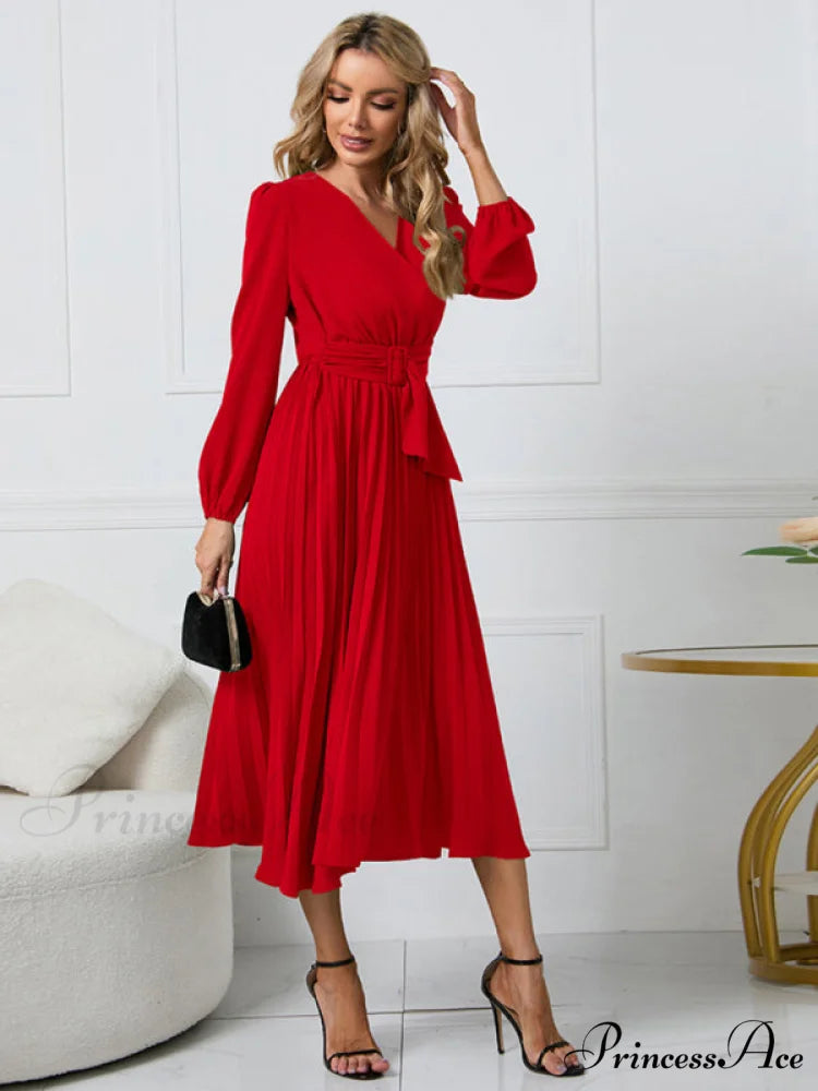 Full-Length Folded Belt Neck Long Waist Women’s at Gown and V with Faux-wrap Sleeves
