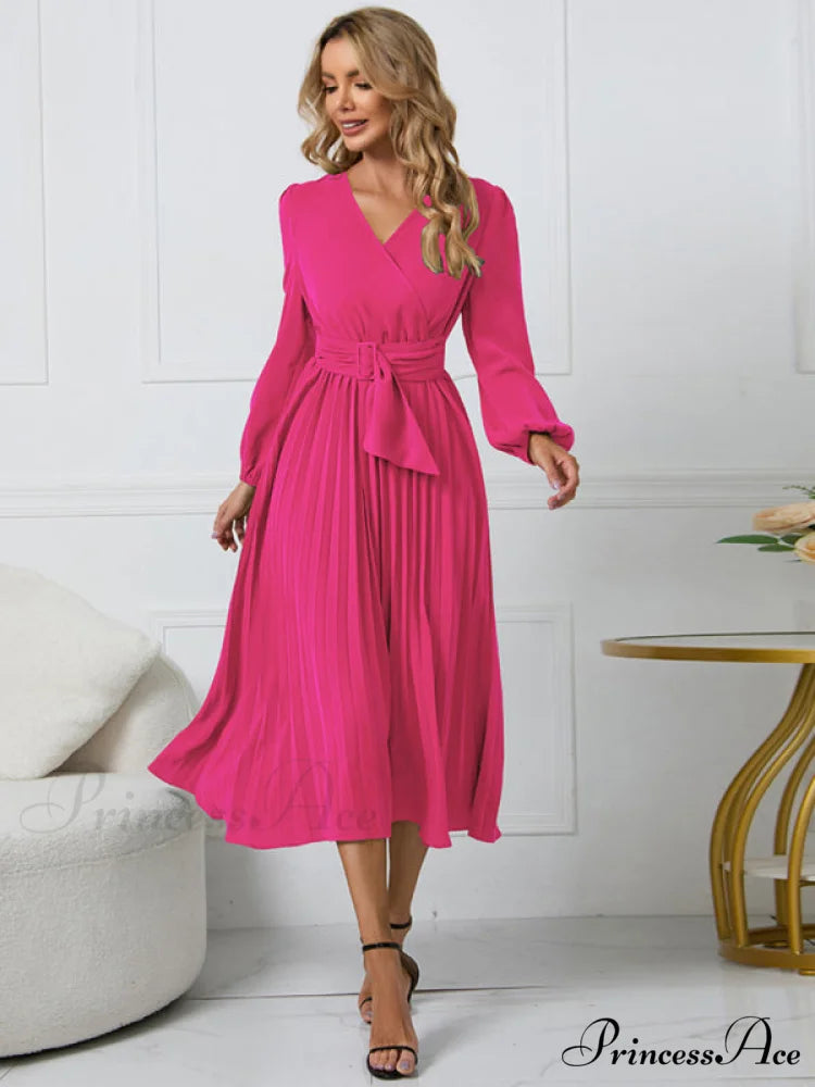 Full-Length Folded Belt Neck Long Waist Women’s at Gown and V with Faux-wrap Sleeves