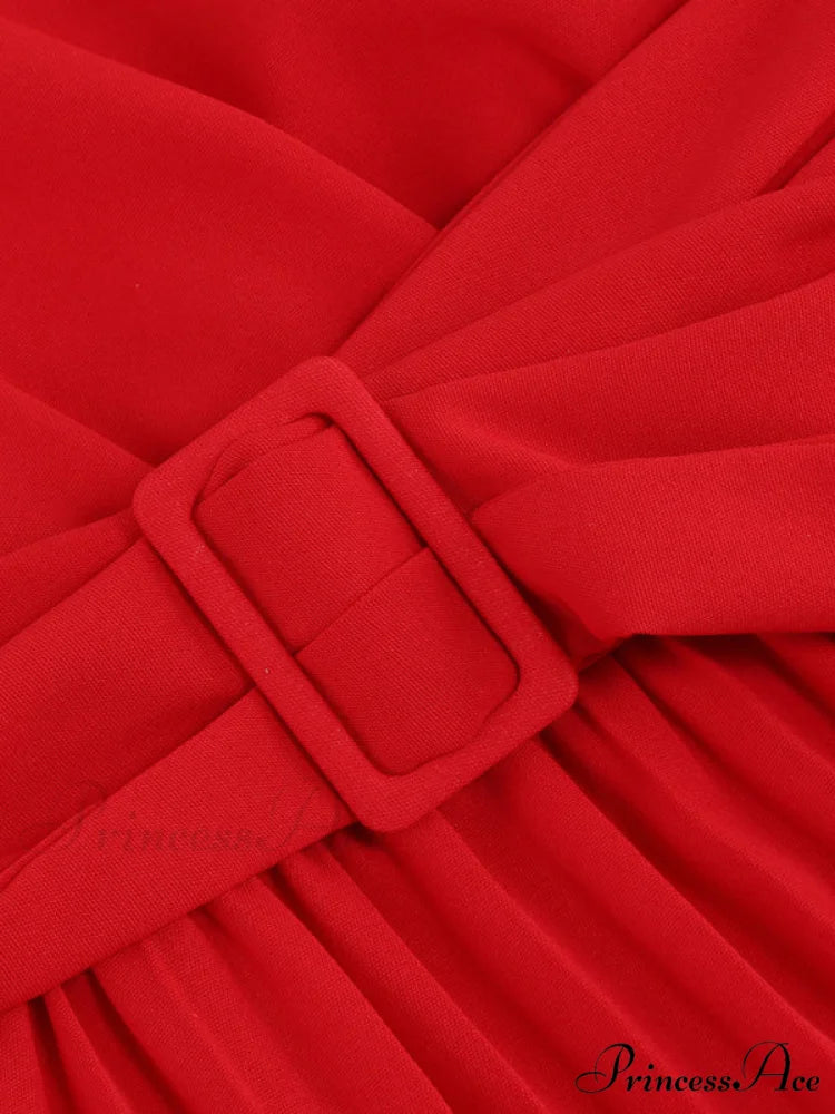 Full-Length Folded Belt Neck Long Waist Women’s at Gown and V with Faux-wrap Sleeves