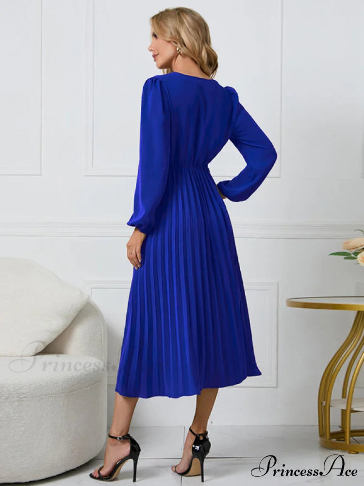 Full-Length Folded Belt Neck Long Waist Women’s at Gown and V with Faux-wrap Sleeves