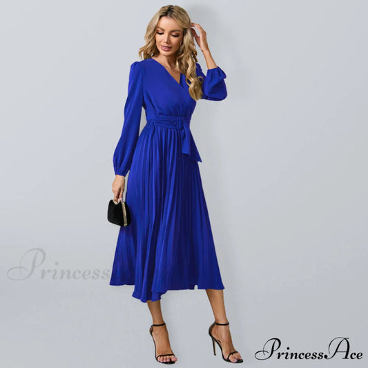 Full-Length Folded Belt Neck Long Waist Women’s at Gown and V with Faux-wrap Sleeves Blue / S