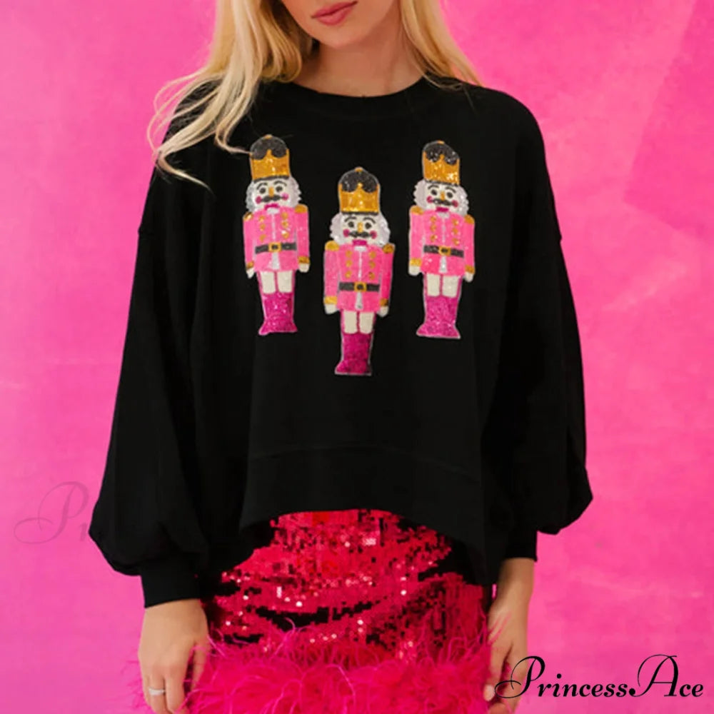 Funny Imcute Sequin Nutcracker Graphic Long Sleeve Christmas Hoodie black / S Christmas Hoodies-L