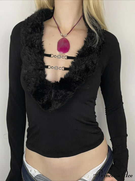 Furry Border Sleek Low-Cut Knitted Long Sleeve Knit Top Black / S knittop-250126