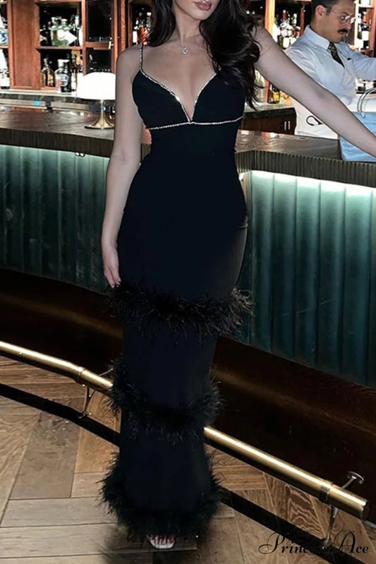 Fuzzy Tiered Cami Dress with Rhinestones Black / M