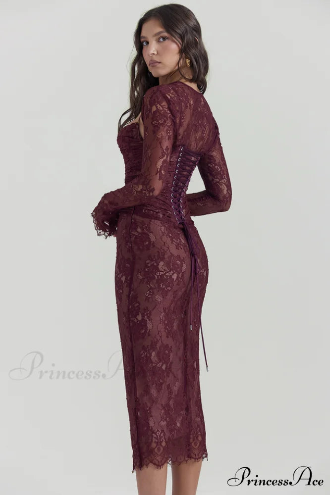 Gaia Claret Stylish Lace Midi Dress
