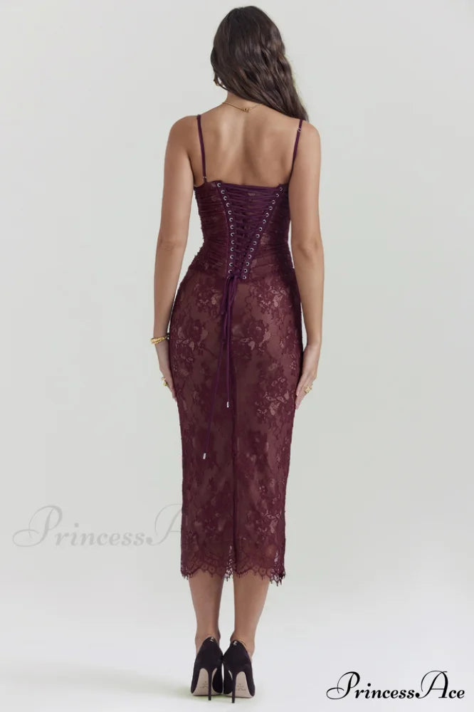 Gaia Claret Stylish Lace Midi Dress