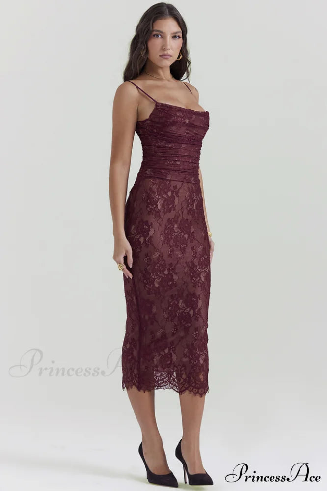 Gaia Claret Stylish Lace Midi Dress