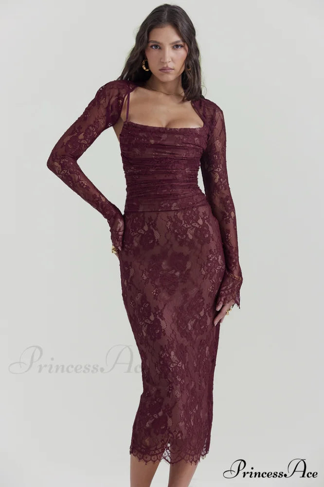 Gaia Claret Stylish Lace Midi Dress