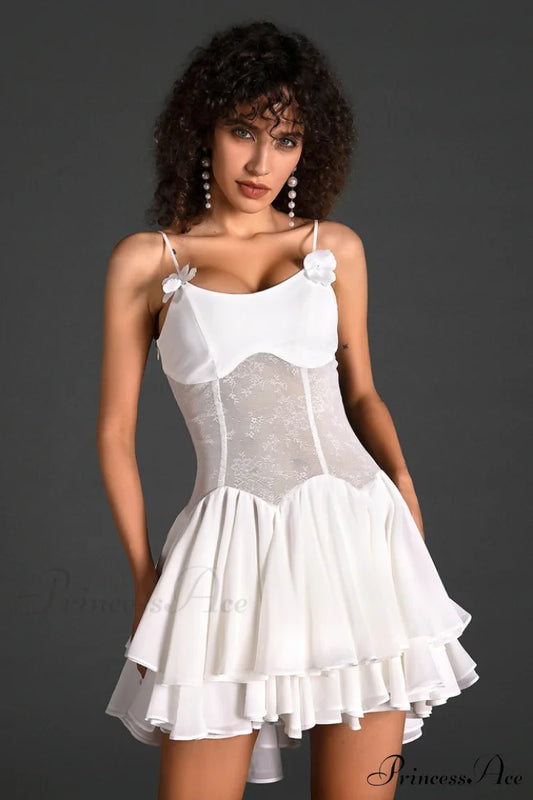 Ganili Spaghetti Sheer Charming Ruffle Mini Dress XS / White
