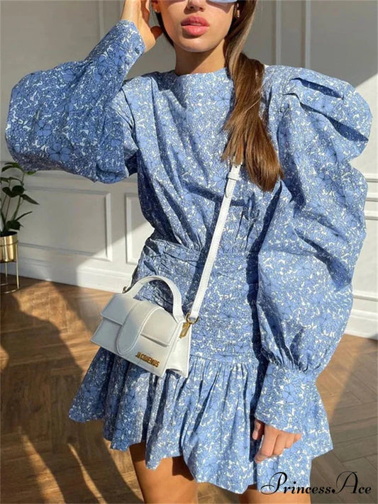 Gathered Extended Sleeve Short Dress Blue / S minidress-250223