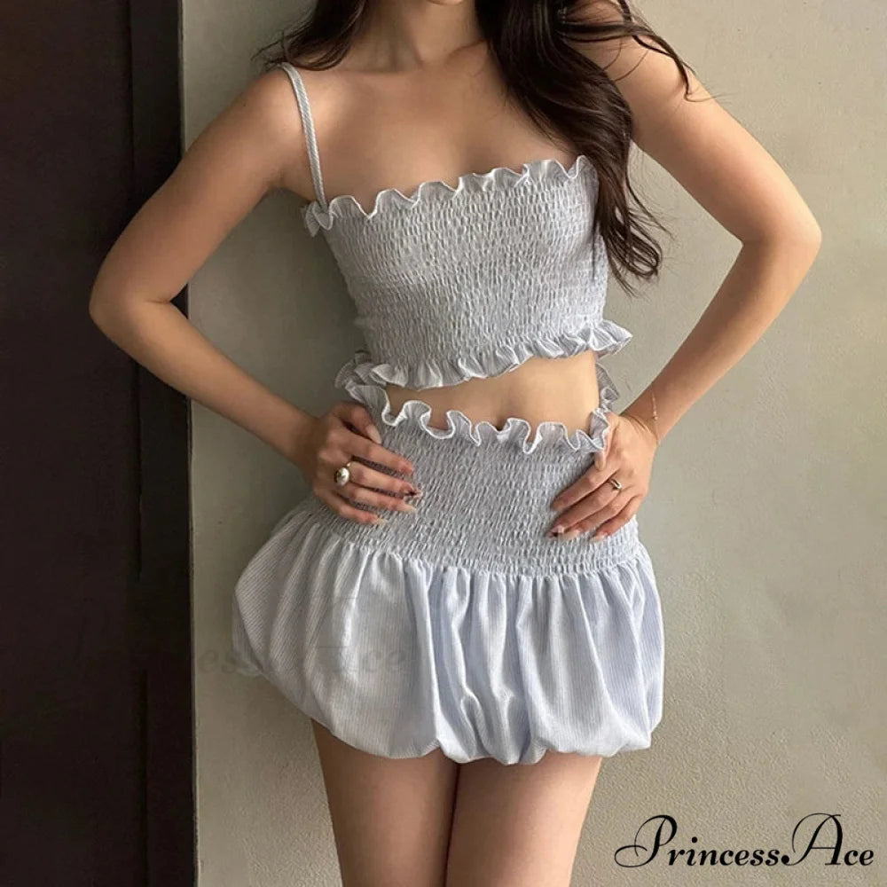 Gathered Tartan Camisole Crop Top Mini Bubble Skirt Two Pieces Set twopiecesset-250126