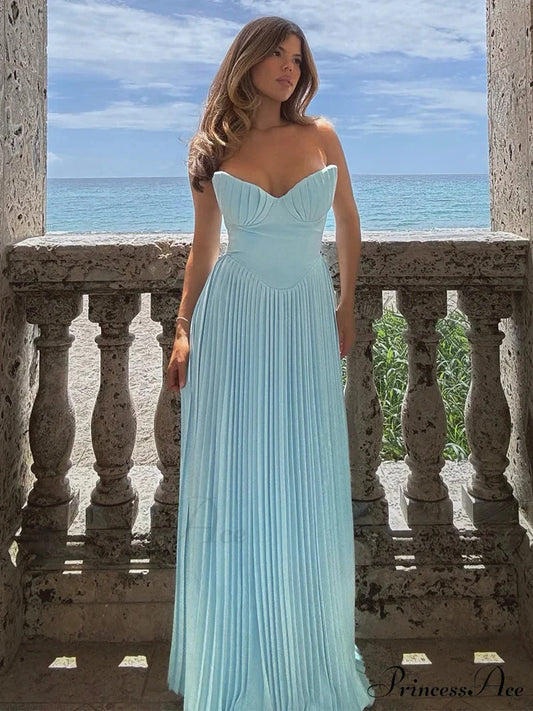 Gathered Waist Wrap A-line Maxi Holiday Dress Blue / S vacationdress-250223