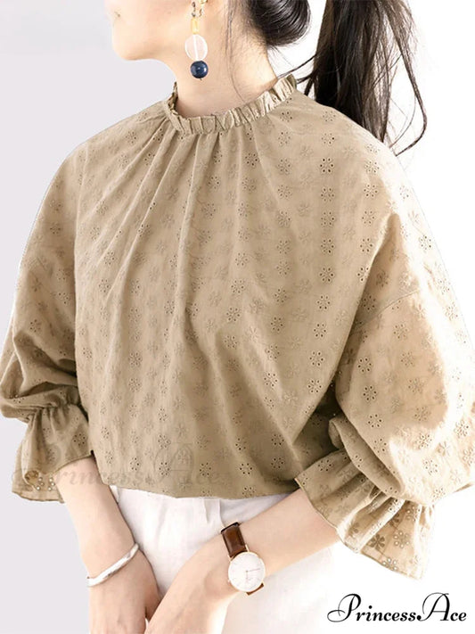 Gathering Ruching Lantern Sleeve Top Retro Top Khaki / S blouse-250126