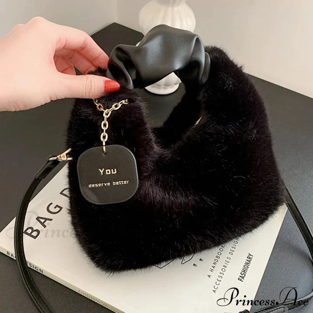 Gentle Fluffy Basic Crossbody Handbag Women’s Bag Black handbag-250126