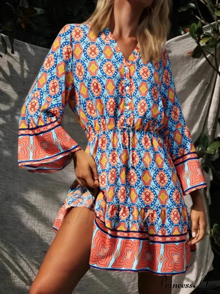 Geometric Print Bohemian Flare Sleeve Dress Blue / S bohodress-250126