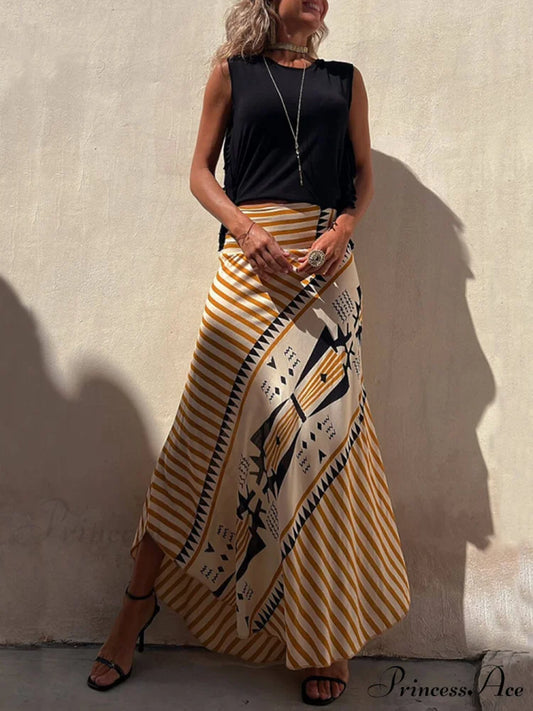 Geometric Print Elastic Charming Waist Maxi Skirt Yellow / S