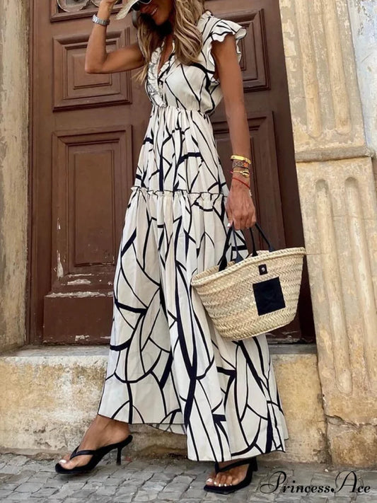 Geometric Print V-Neck Charming Ruffled Hem Maxi Dress White / S