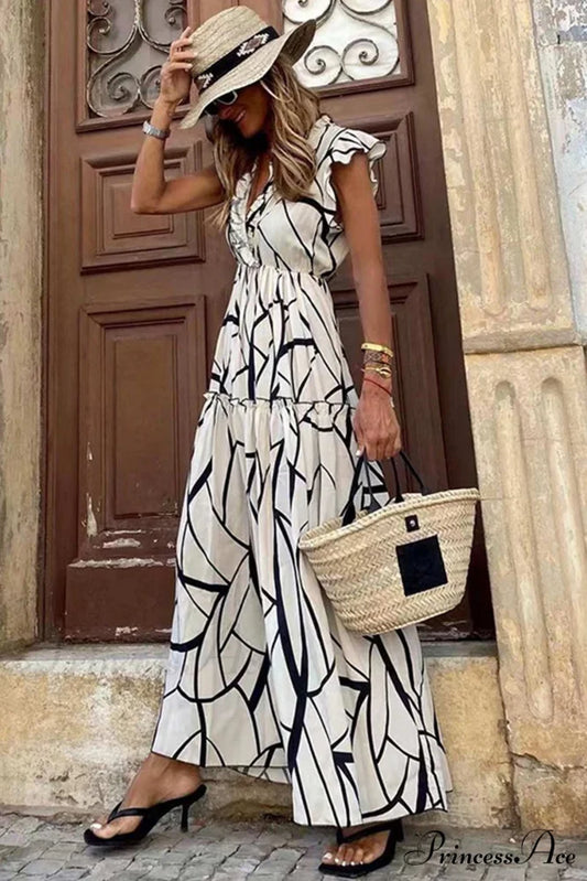 Geometric Print V Neck Ruffle Maxi Dress White / S