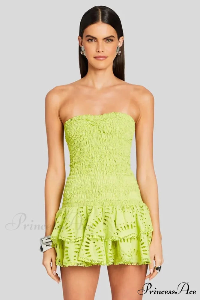 Getaway Fun Eyelet Trendy Strapless Mini Dress Lime Green / S
